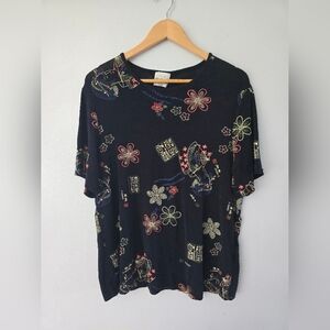 Bentley Plus Women's Top 1X Black Slinky Asian Print Short Sleeve Shirt Y2K